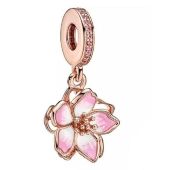 Rose Gold Plated Cherry Blossom Dangle Charm Fits Pandora Charm Bracelets - Picture 1 of 5